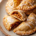 Pumpkin Hand Pies arranged on a plate, with a bite taken out of one, revealing the spiced pumpkin filling inside. The pies are glazed with a light shine, showcasing their crisp, flaky texture.