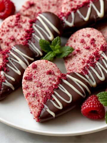 Raspberry Sugar Cookies Recipe | Soft & Fruity Treats 14 A plate filled with Raspberry Sugar Cookies, half-dipped in dark chocolate, drizzled with white chocolate, and topped with raspberry crumbs, with fresh mint leaves and raspberries as garnish.