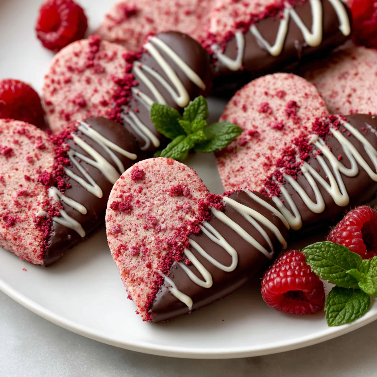 A plate filled with Raspberry Sugar Cookies, half-dipped in dark chocolate, drizzled with white chocolate, and topped with raspberry crumbs, with fresh mint leaves and raspberries as garnish.
