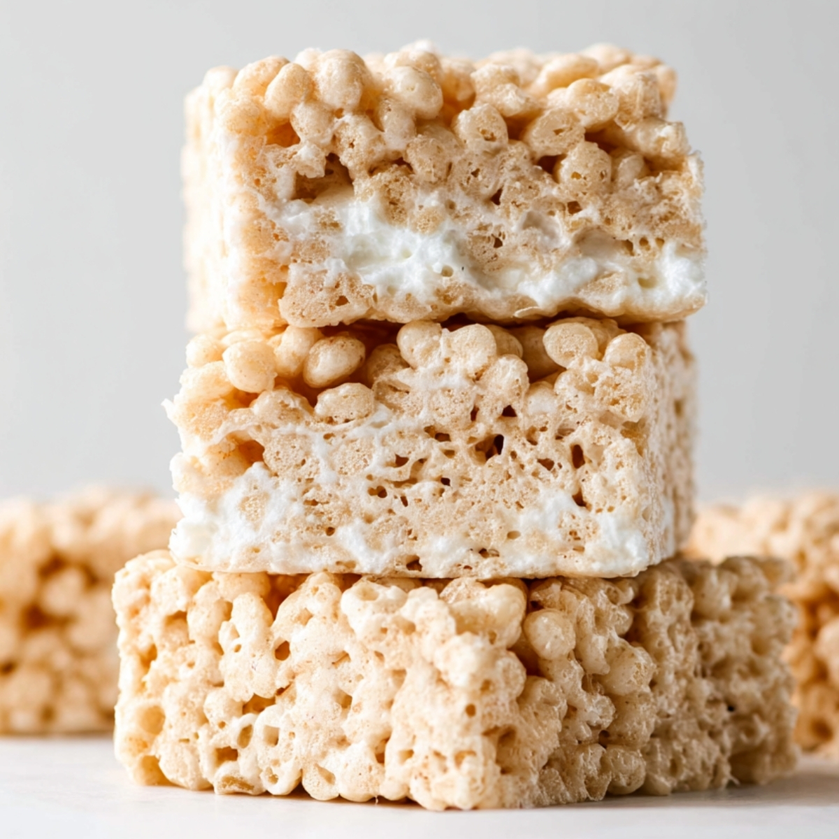 Soft and gooey Rice Krispie Treats stacked to show marshmallow layers and chewy texture