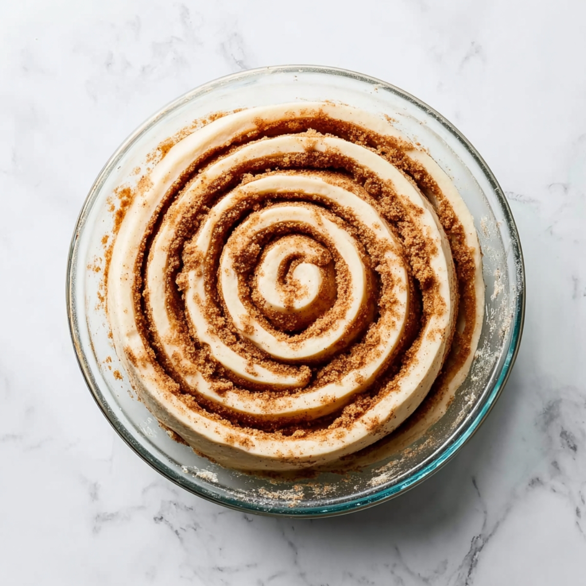 Easy Giant Cinnamon Roll Cake Recipe 11 Unbaked giant cinnamon roll cake arranged in a spiral inside a round glass baking dish, topped with cinnamon sugar.