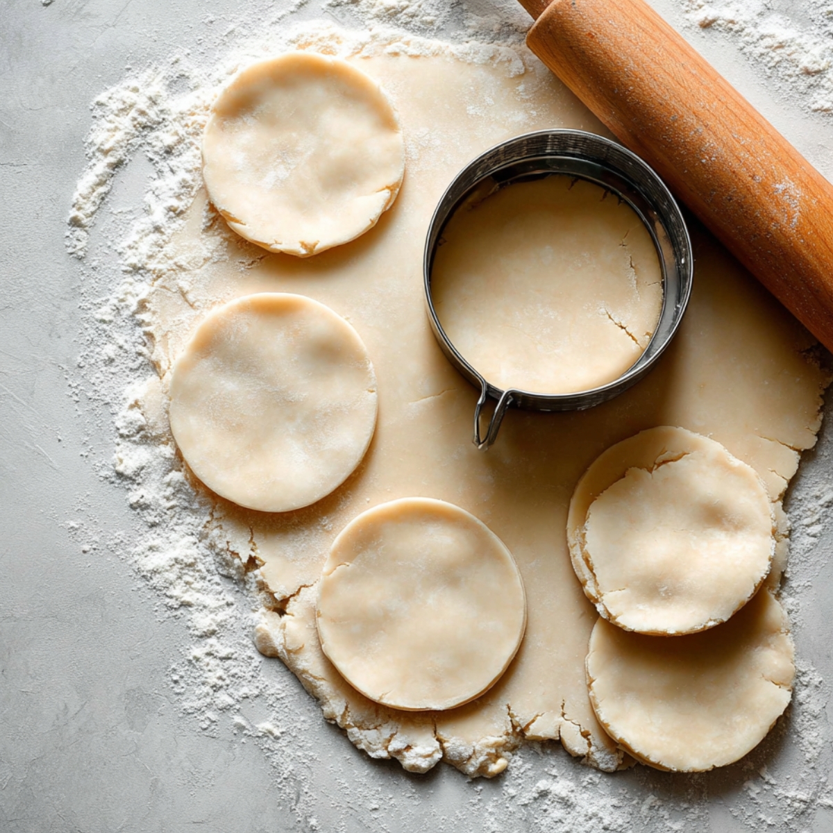 Easy Apple Hand Pies Recipe | Homemade & Freezable 11 Rolled-out pie dough on a lightly floured surface with several round dough circles cut out using a metal cutter, with a wooden rolling pin nearby and loose flour scattered across the work surface.