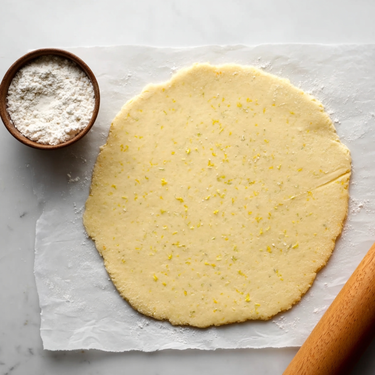 Easy Lemon Shortbread Cookies Recipe 12 Rolled-out lemon shortbread dough on parchment paper, with a small bowl of flour and a rolling pin beside it, ready for cutting.