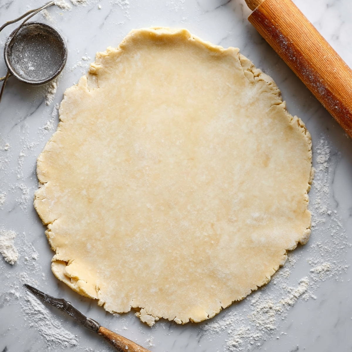 Easy Strawberry Peach Galette Recipe 11 Galette dough rolled into a rustic circle on a floured marble surface with rolling pin and pastry tools