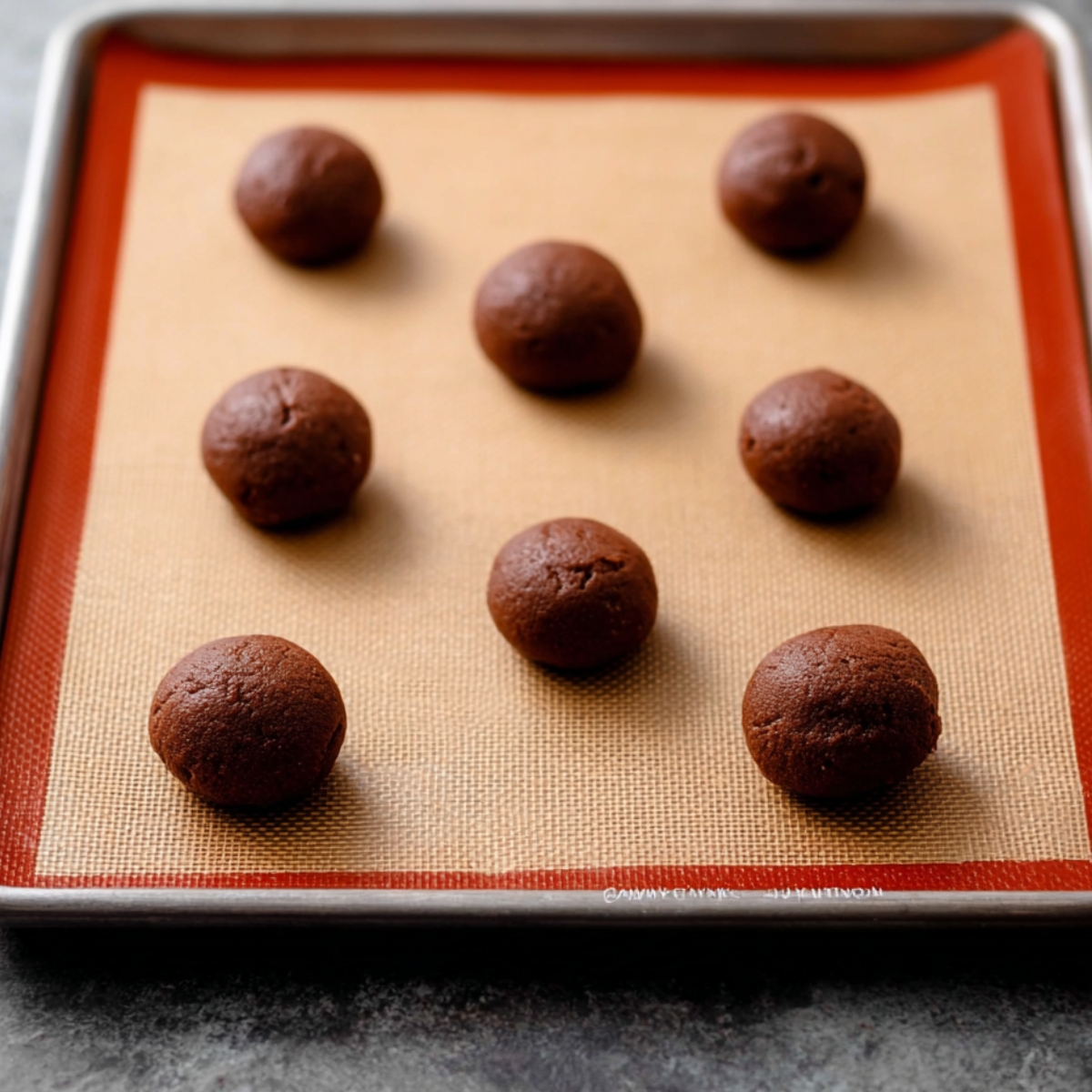 Easy Marshmallow Hot Cocoa Cookies 11 A baking sheet with evenly spaced, round dough balls of hot cocoa cookie dough, ready to be baked.