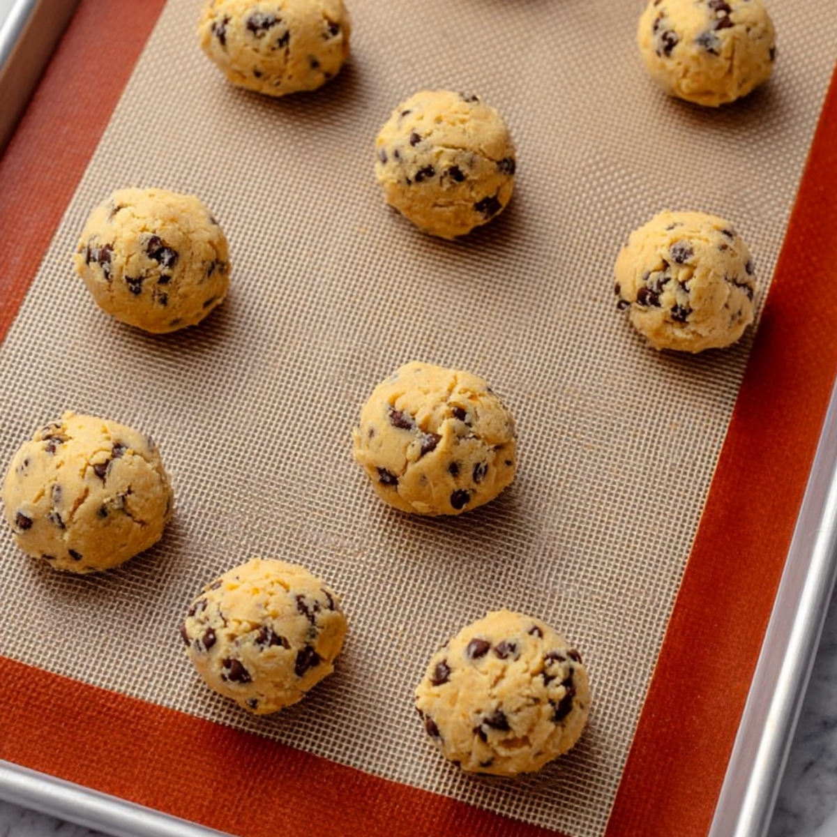 Orange Chocolate Chip Ricotta Cookies 11 Unbaked cookie dough balls with chocolate chips, placed neatly on a silicone baking mat, ready to be baked into delicious orange chocolate chip ricotta cookies.