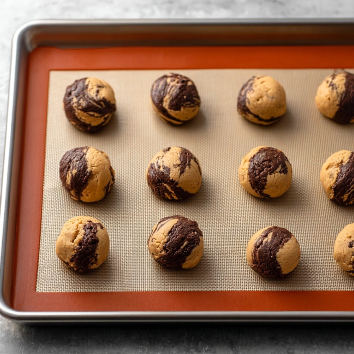Soft Peanut Butter Chocolate Swirl Cookies 12 Cookie dough balls on a silicone baking mat, shaped and ready to be baked into soft, gooey cookies with chocolate and peanut butter swirls.