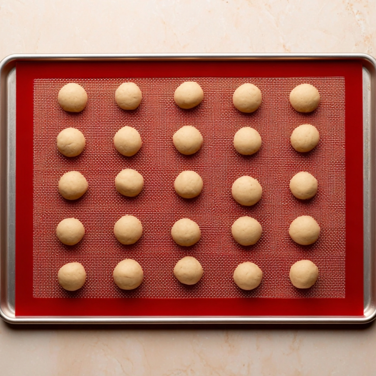 Soft Peppermint Meltaway Cookies 11 Peppermint meltaway cookie dough balls evenly spaced on a lined baking sheet before baking