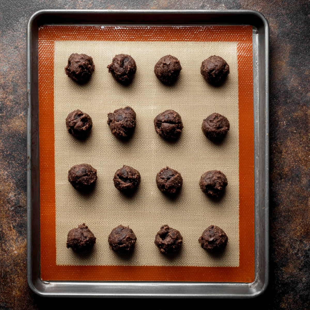 Best Double Chocolate Chip Cookies | Soft & Chewy 11 Chocolate cookie dough balls shaped and arranged on a baking sheet before baking