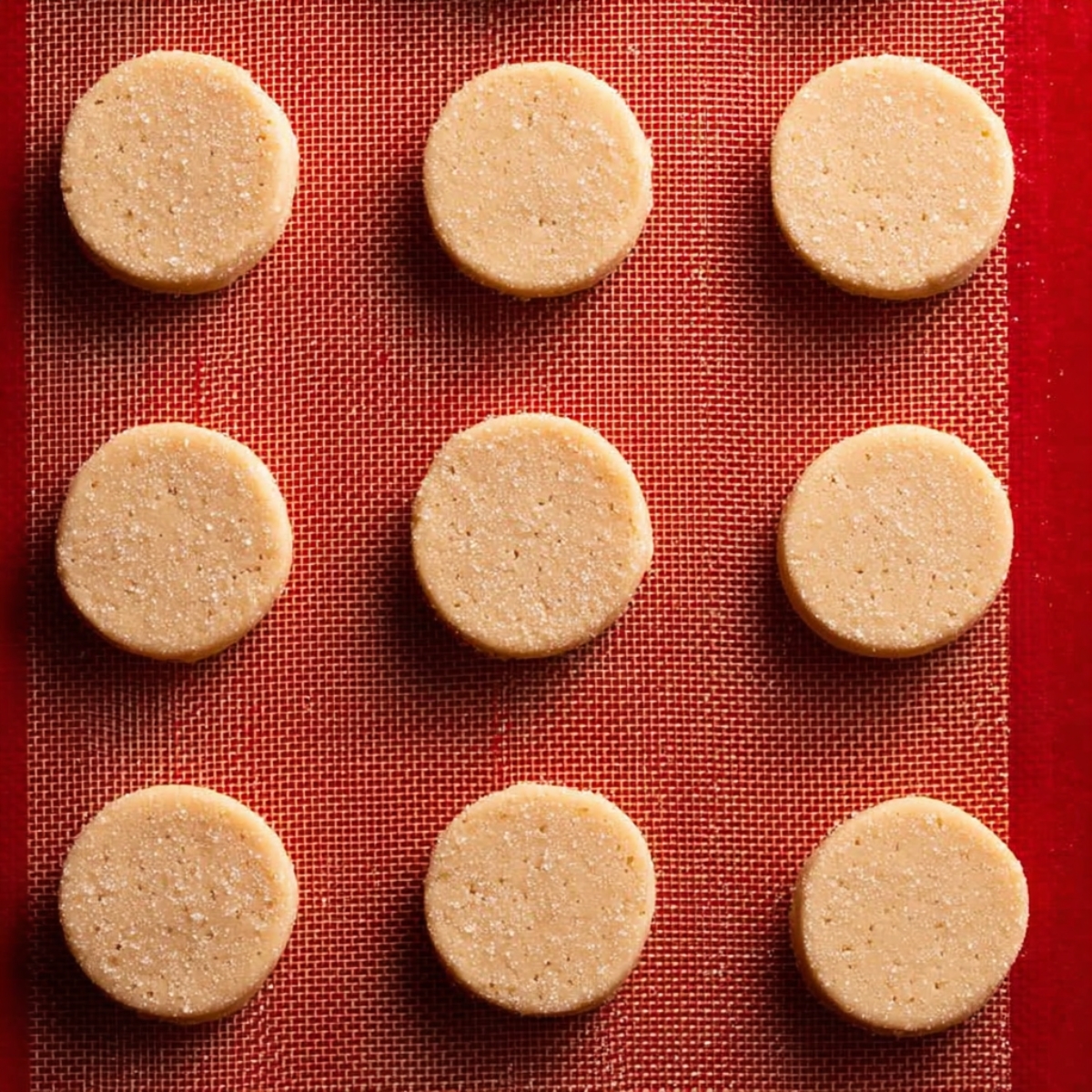Brown Sugar Shortbread Cookies 12 Close-up of perfectly sliced shortbread cookie dough discs, arranged on a silicone baking mat, ready to be baked. The edges of each cookie are lightly coated with coarse sugar.