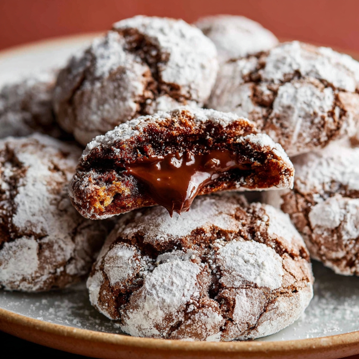 A plate of baked Nutella crinkle cookies with powdered sugar coating, showing their cracked exterior and soft interior.
