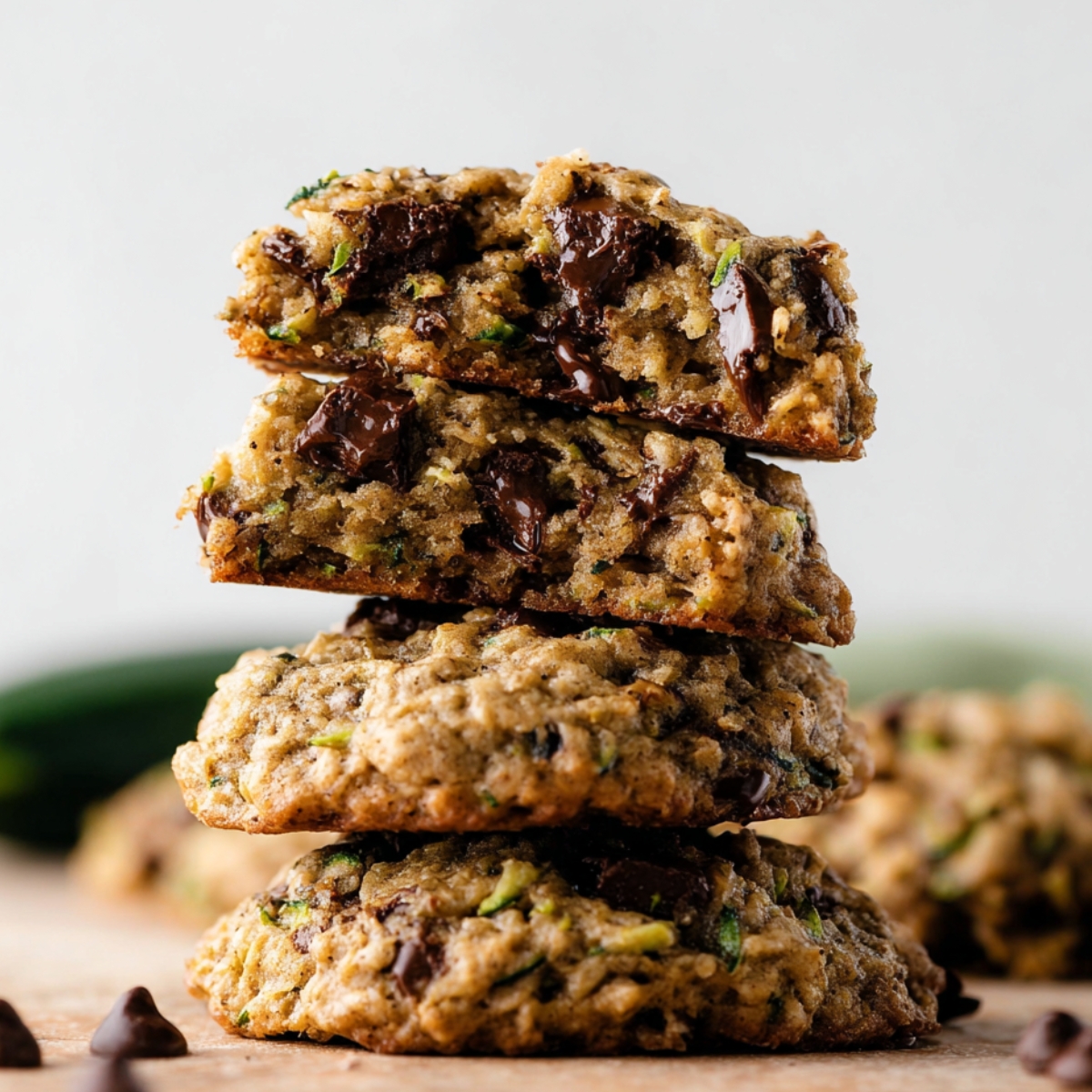 Soft Zucchini Chocolate Chip Cookies, broken in half to reveal soft, gooey chocolate chips.