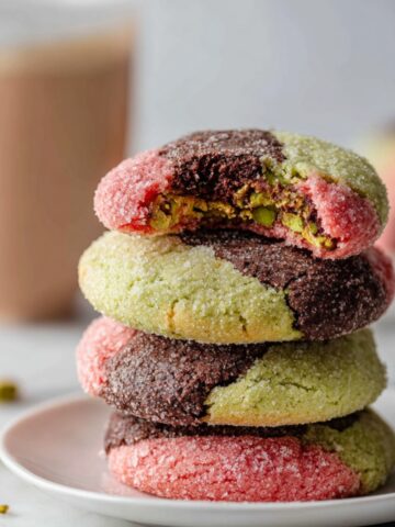 Spumoni Cookies (Cherry, Pistachio, Chocolate) 13 Stack of baked Spumoni Cookies showing chocolate, pistachio, and cherry layers with sugar coating, one cookie cut open to show filling.
