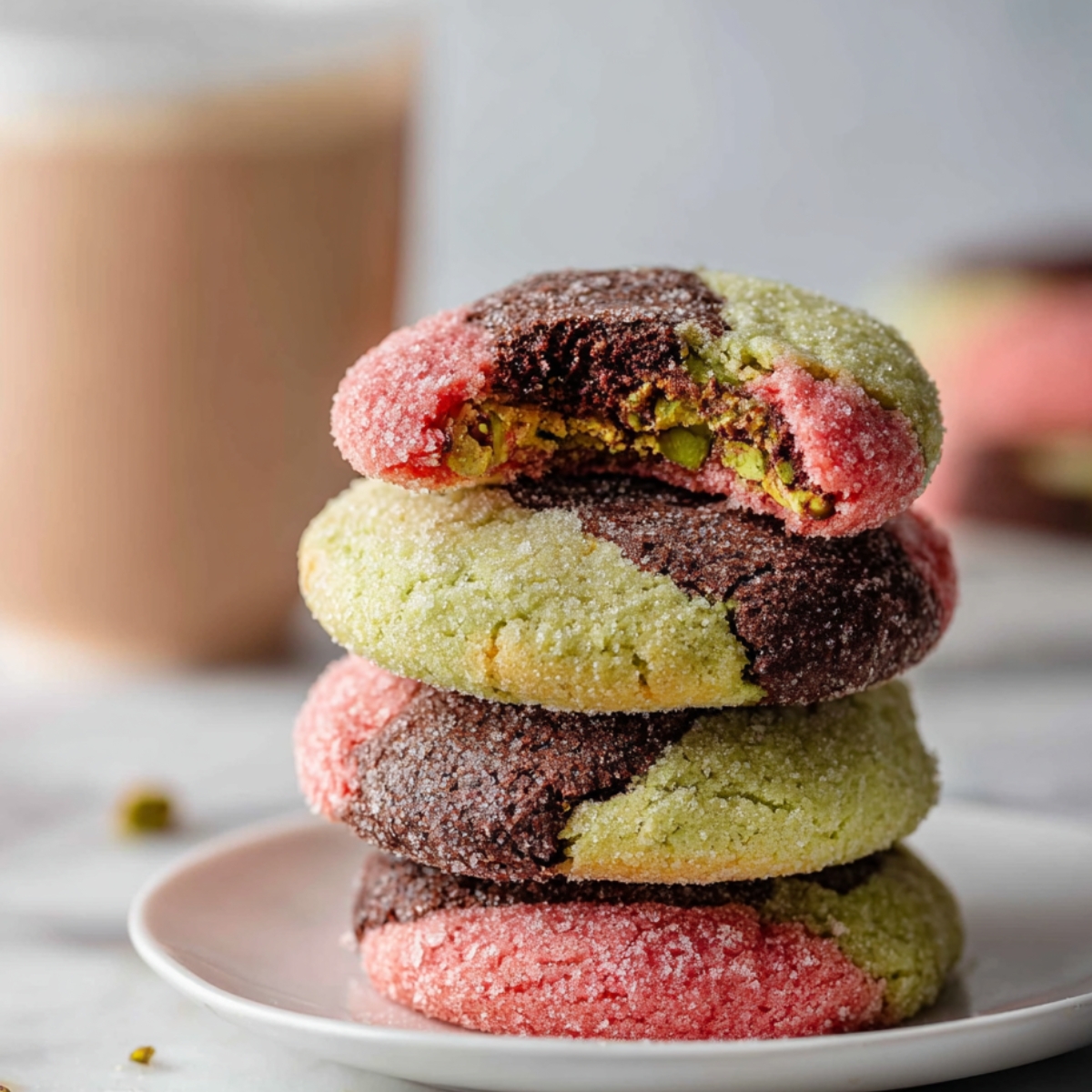 Spumoni Cookies (Cherry, Pistachio, Chocolate) 9 Stack of baked Spumoni Cookies showing chocolate, pistachio, and cherry layers with sugar coating, one cookie cut open to show filling.