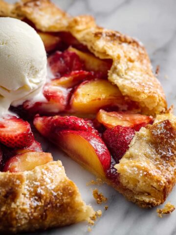 Close-up of Strawberry Peach Galette slice with flaky crust and melting vanilla ice cream