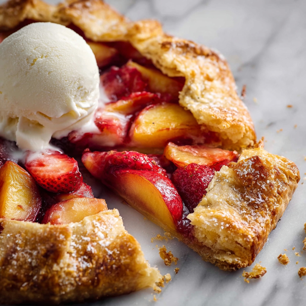 Close-up of Strawberry Peach Galette slice with flaky crust and melting vanilla ice cream