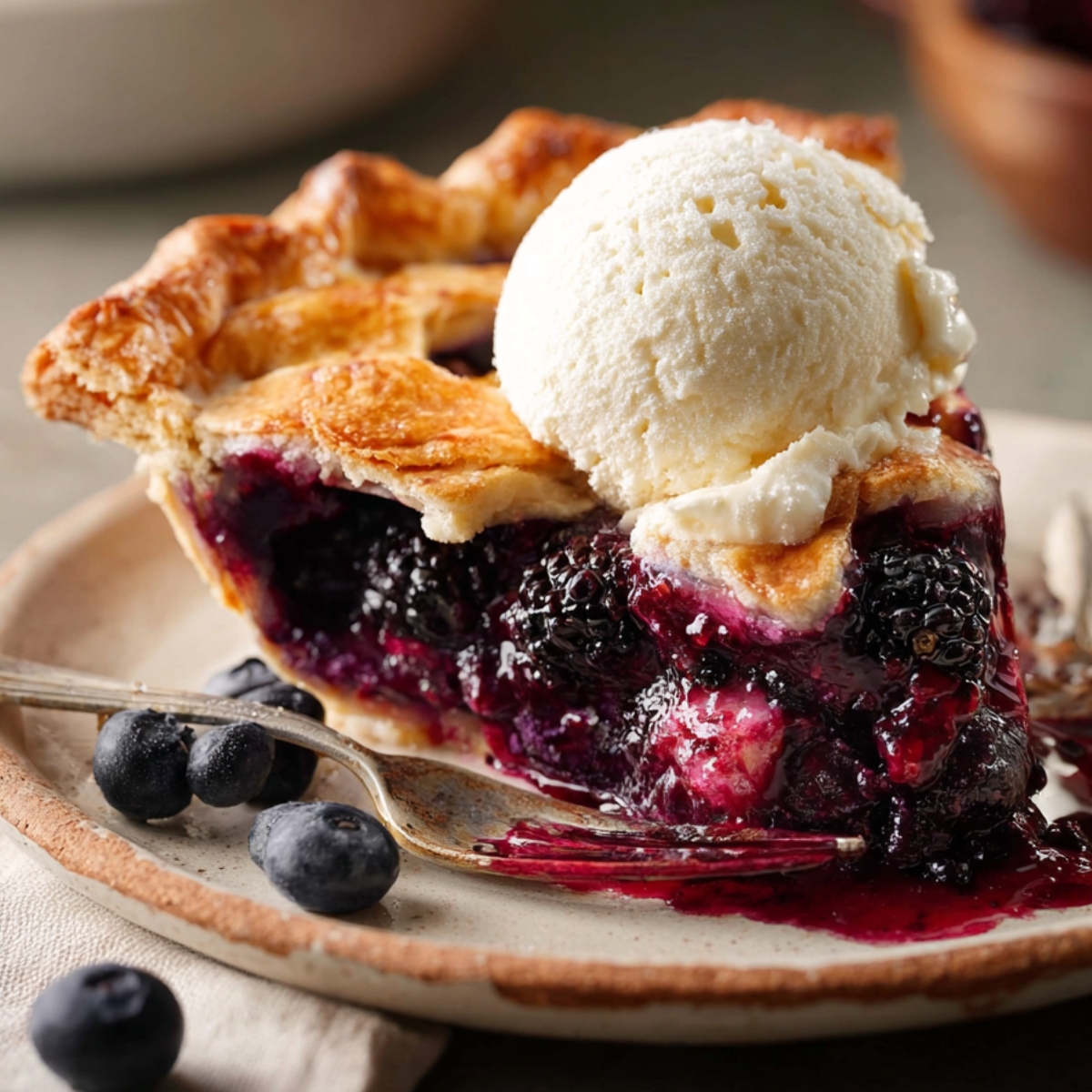 Triple Berry Pie with Perfect Slices | Homemade & Flaky 9 Triple Berry Pie slice topped with melting vanilla ice cream