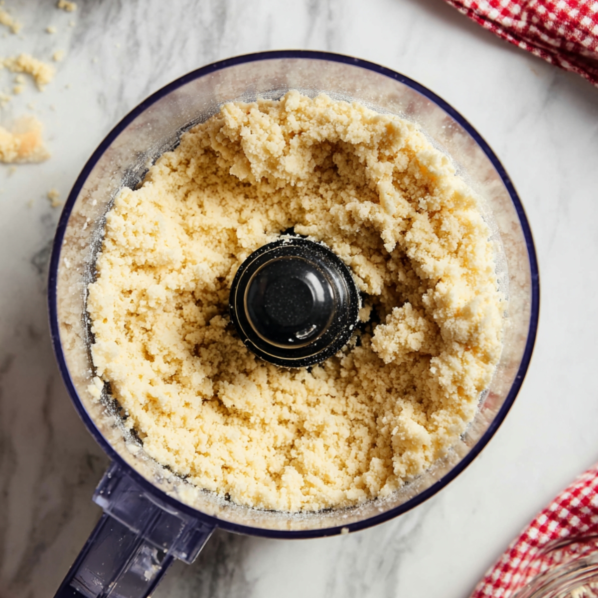 Best Greek Honey Pie Recipe 10 A food processor filled with crumbly dough, indicating the preparation of the pie crust for Greek honey pie.