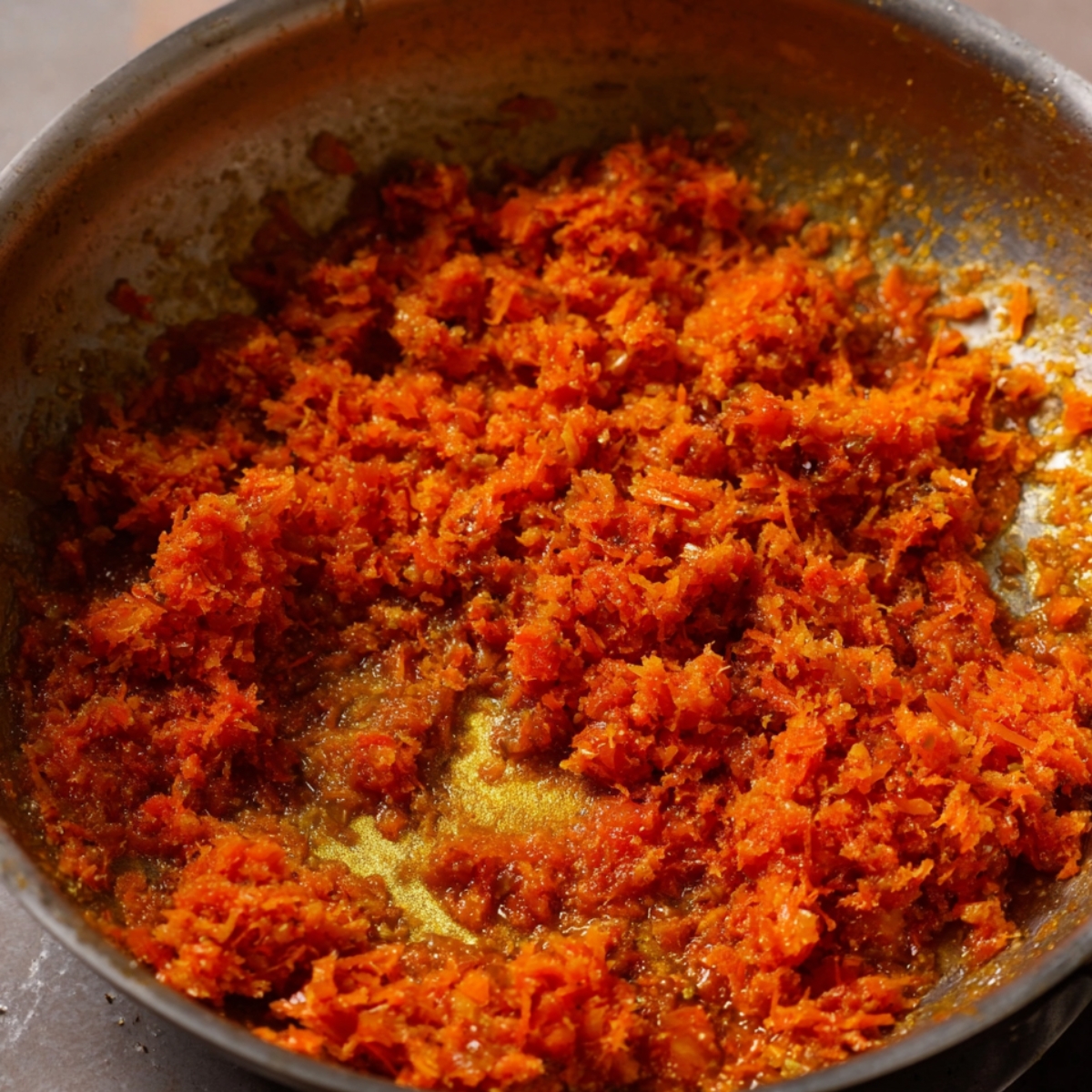 Carrot Burfi (Gajar Pak Recipe) 10 Grated carrots cooking in a pan with spices and ghee for carrot burfi preparation.