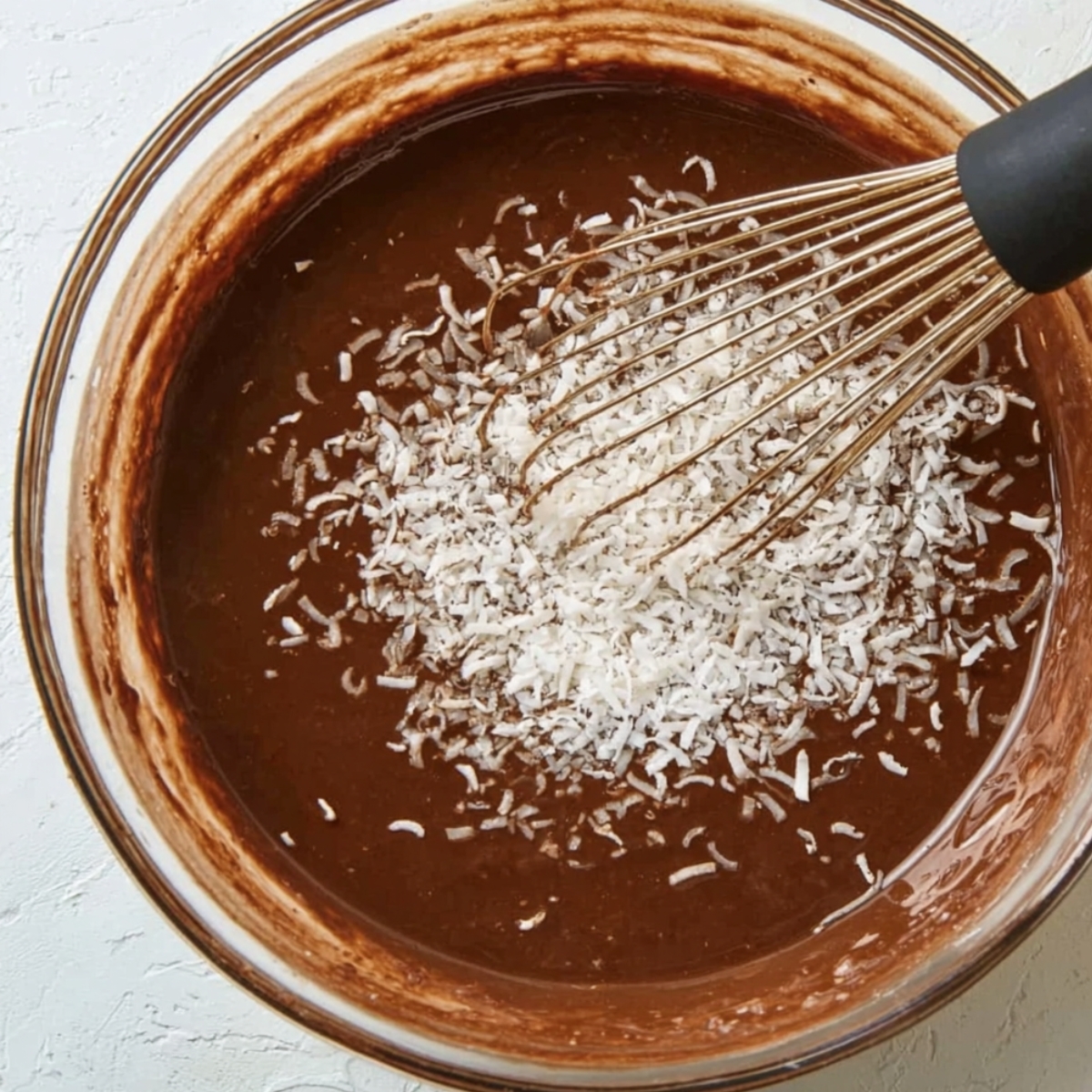 Moist Chocolate Coconut Cupcakes Recipe 11 A glass bowl with chocolate batter, with shredded coconut sprinkled on top and a whisk stirring the mixture to incorporate the coconut.