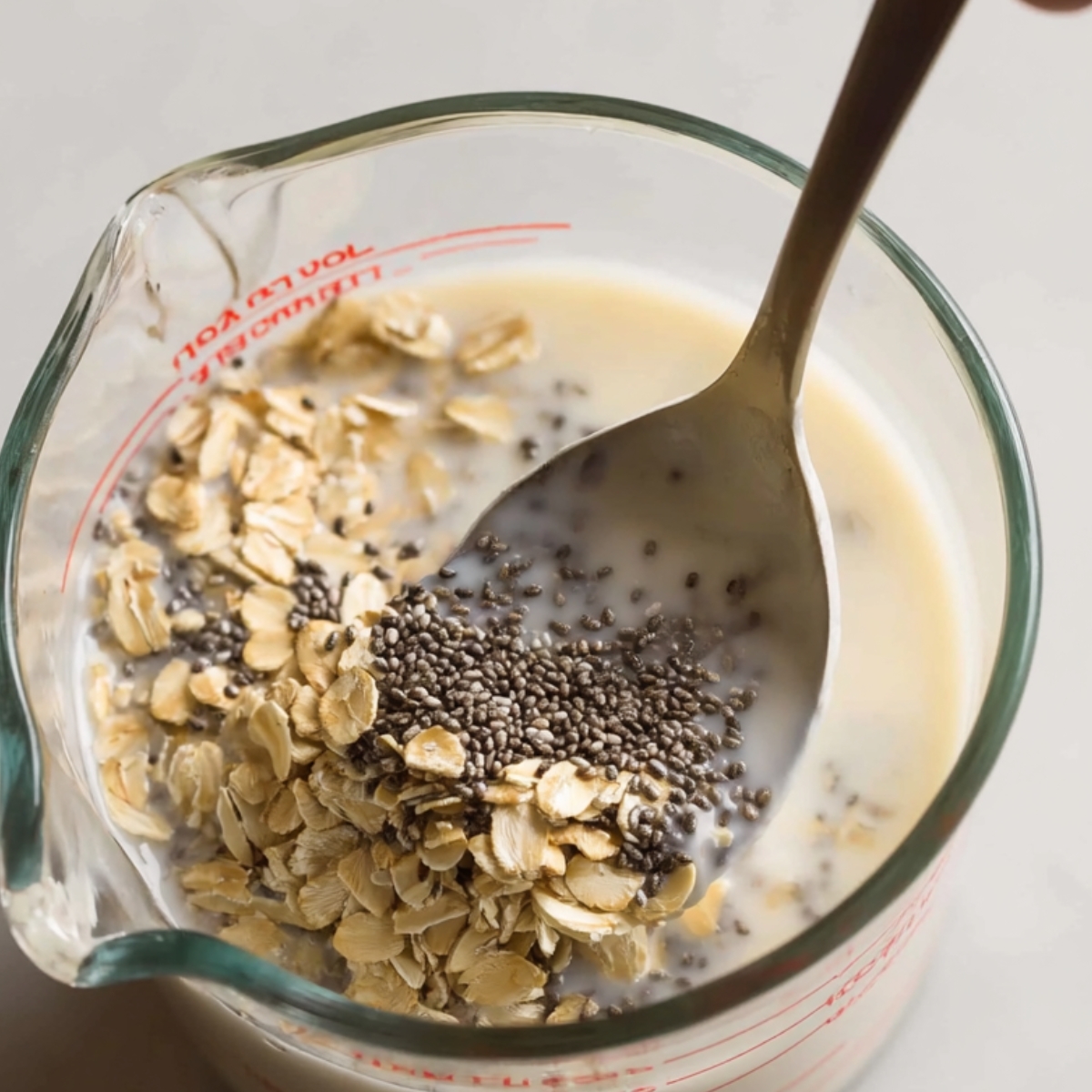 Easy Vanilla Overnight Oats Recipe 11 Measuring cup filled with oats and chia seeds being added to a creamy milk mixture, preparing the base for overnight oats.
