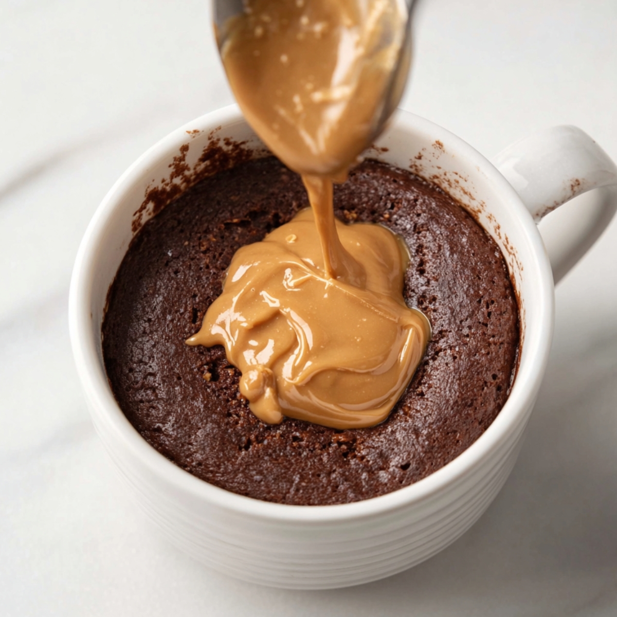 Best Chocolate Mug Cake Recipe 12 Adding a generous spoonful of peanut butter to a freshly baked chocolate mug cake, creating a rich and creamy center that's perfect for indulgence.