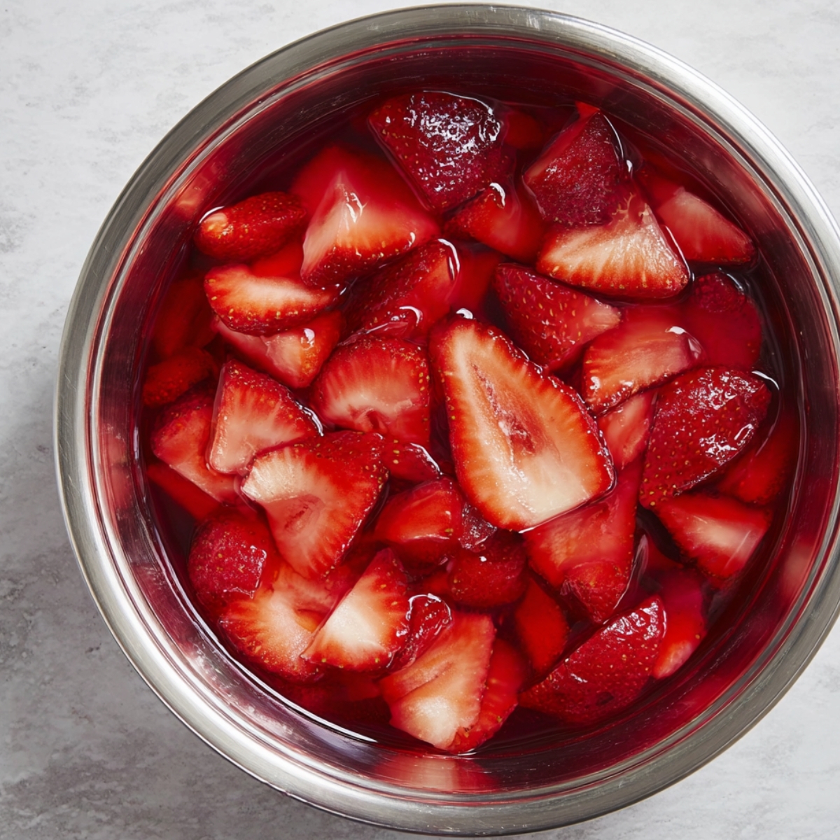 Easy Strawberry Pretzel Salad Recipe 11 A bowl of cream cheese, powdered sugar, and vanilla extract, mixed together to create a creamy layer for a dessert.