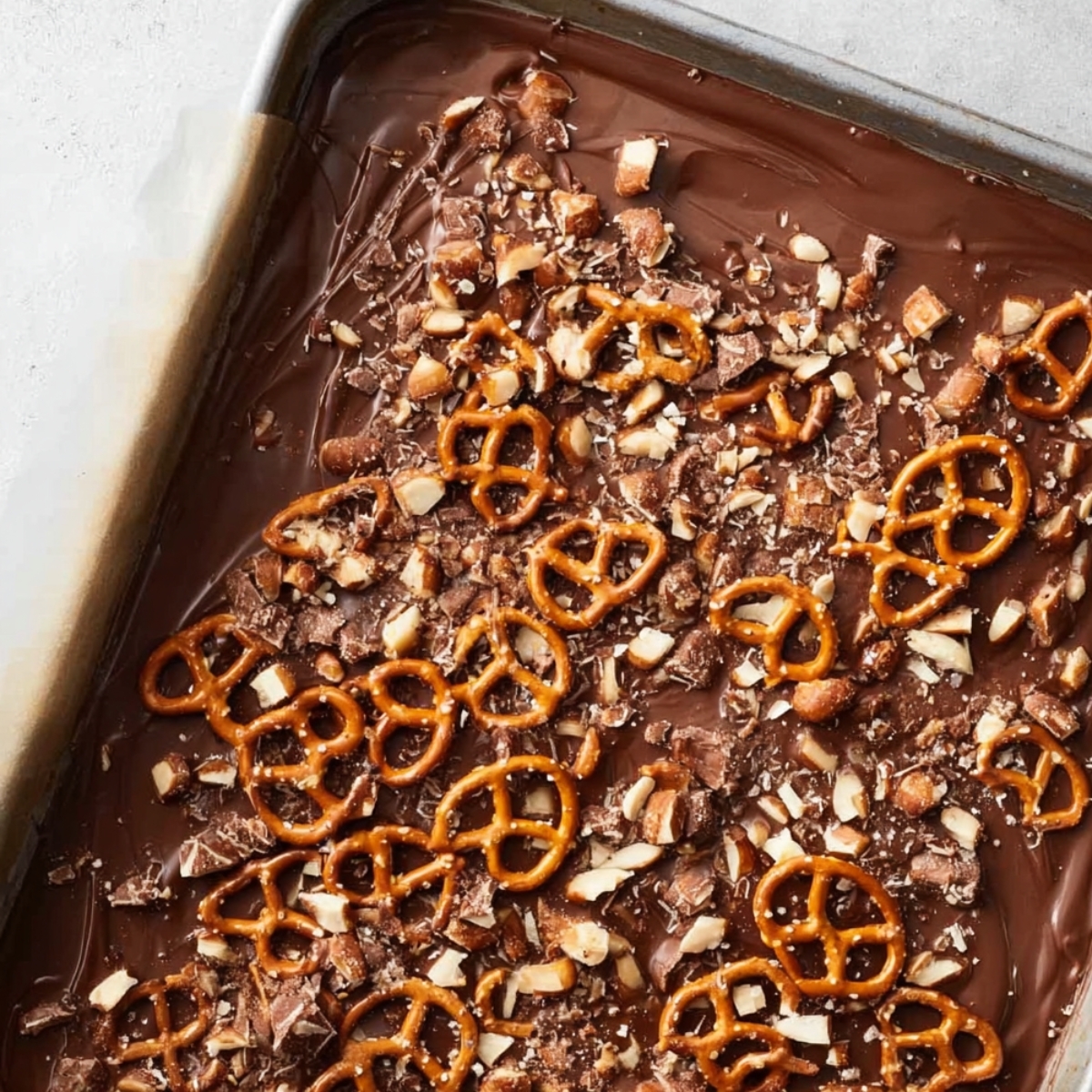Caramel Apple Bark With Pretzels 11 A close-up image of pretzels and chopped nuts sprinkled on top of a smooth layer of melted chocolate. The ingredients are evenly distributed across the chocolate surface, creating a crunchy topping.