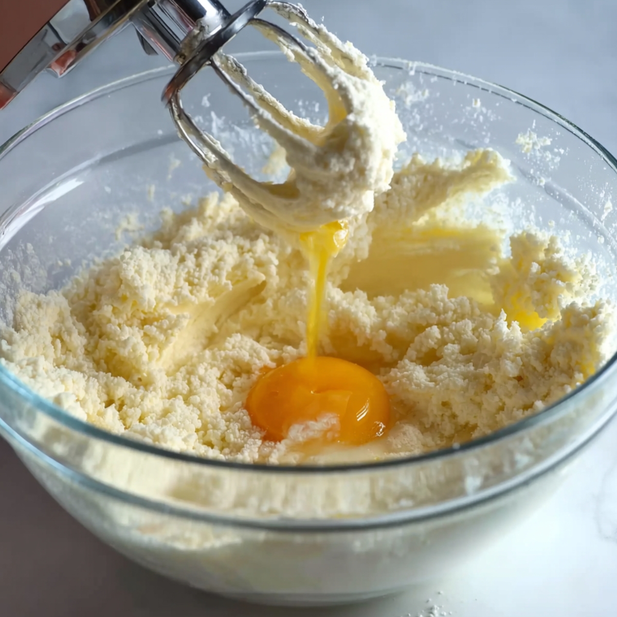 Easy Almond Pound Cake Recipe 10 A person adding a fresh egg to the creamed butter and sugar mixture in a glass bowl, with an electric mixer in action. The egg is being poured in while the mixer continues to blend the ingredients.
