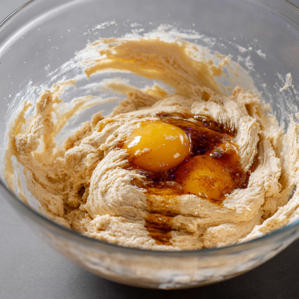 Reese's Pieces Cookies Recipe 10 A glass mixing bowl with cookie dough showing the addition of two eggs and vanilla extract, ready to be mixed into the dough.