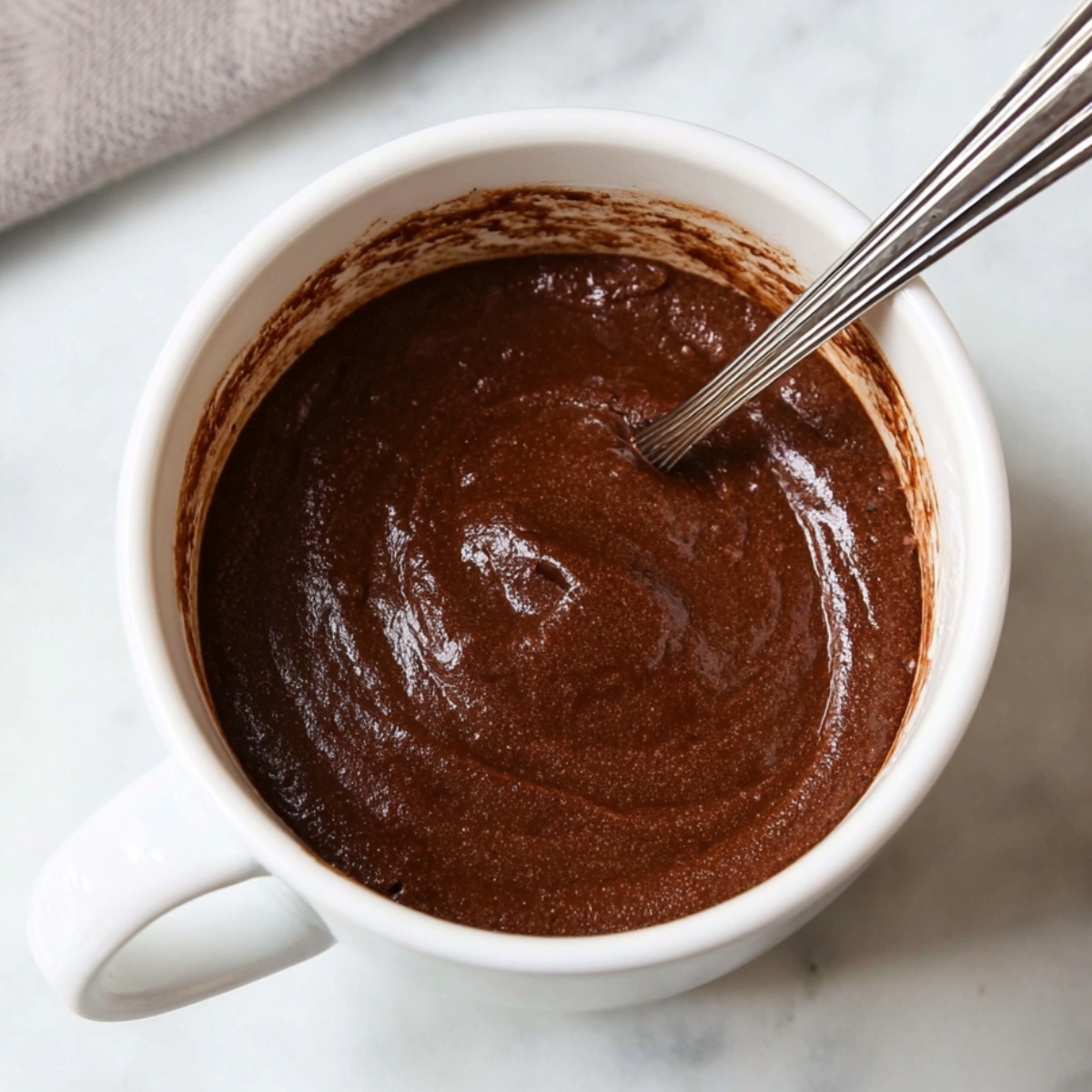Best Chocolate Mug Cake Recipe 11 Stirring the wet ingredients into the chocolate mug cake batter, ensuring a smooth and rich texture before microwaving for a quick treat.