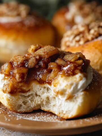 Easy Apple Cheesecake Buns Recipe 2 Close-up of a fluffy Apple Cheesecake Buns filled with cream cheese and topped with caramelized apples, dusted with powdered sugar.