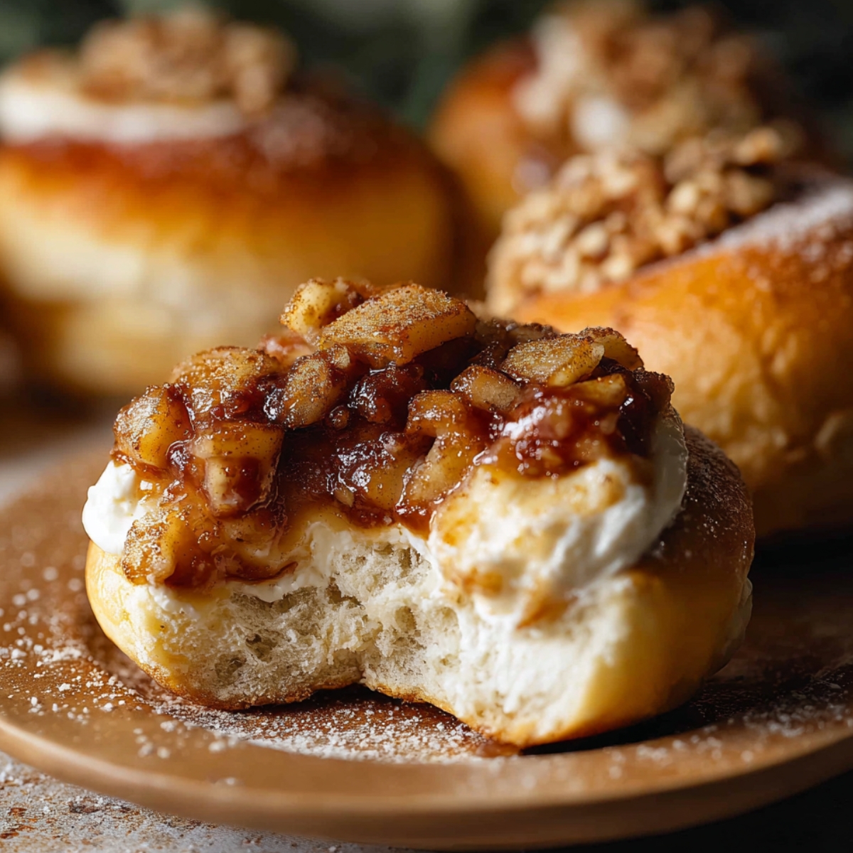 Close-up of a fluffy Apple Cheesecake Buns filled with cream cheese and topped with caramelized apples, dusted with powdered sugar.