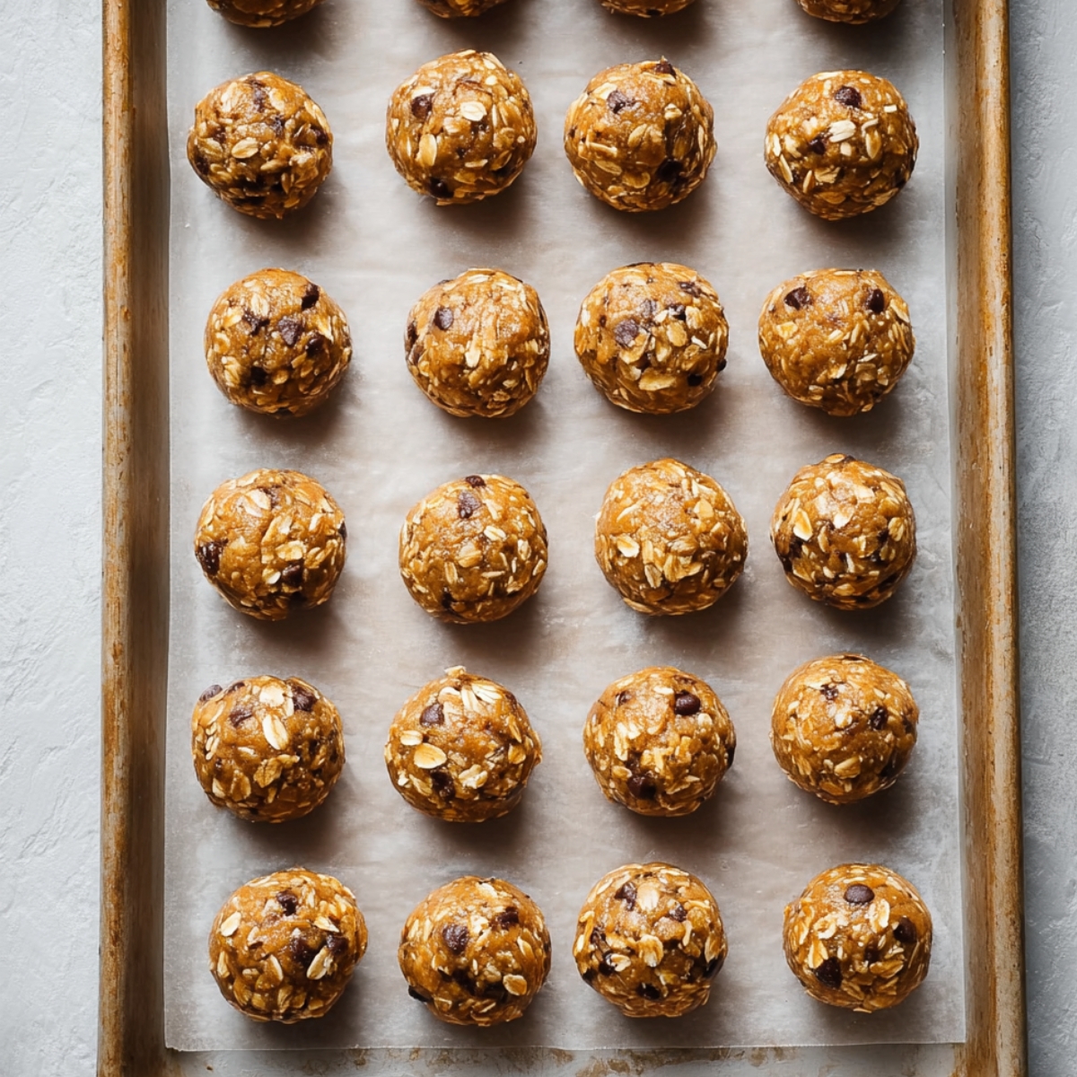 Chocolate Peanut Butter Protein Balls 11 Peanut butter protein balls arranged neatly on a parchment-lined baking sheet, ready to be chilled.