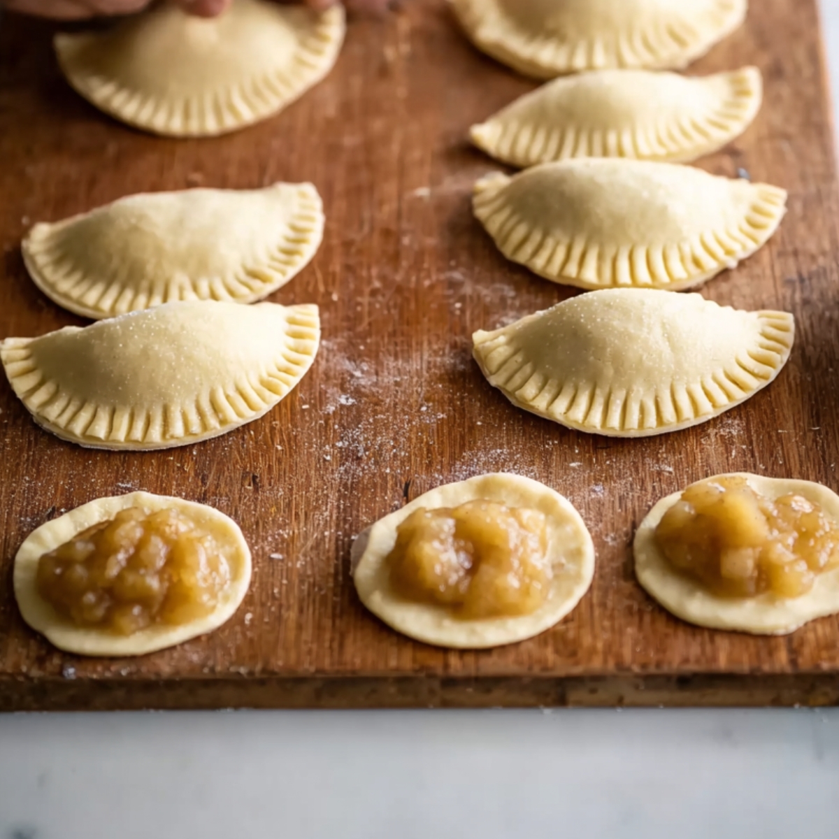 Easy Homemade Fried Apple Pies 11 Assembling apple pies with filling on dough.