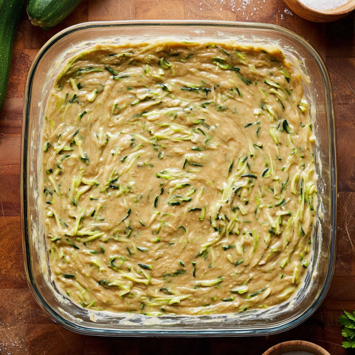 Healthy Zucchini Cake Recipe 10 Zucchini cake batter in a baking dish, filled with shredded zucchini for added moisture and texture, ready to be baked into a delicious, fluffy treat.