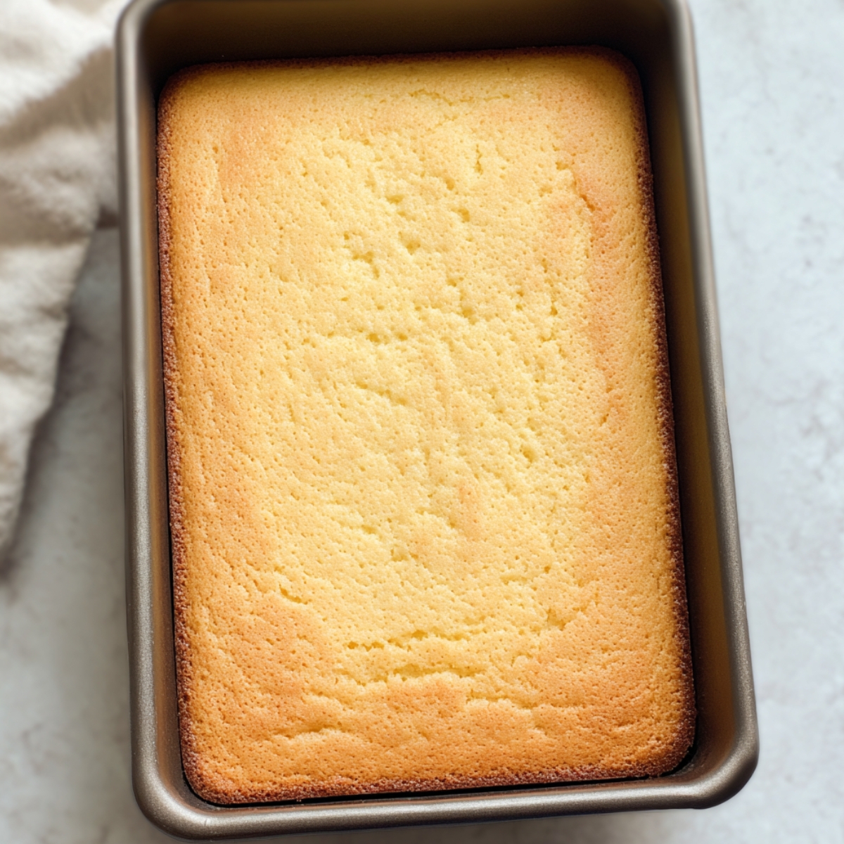 Easy Mango Tres Leches Cake 11 Freshly baked sponge cake in a rectangular pan, with a lightly golden top and evenly baked texture.