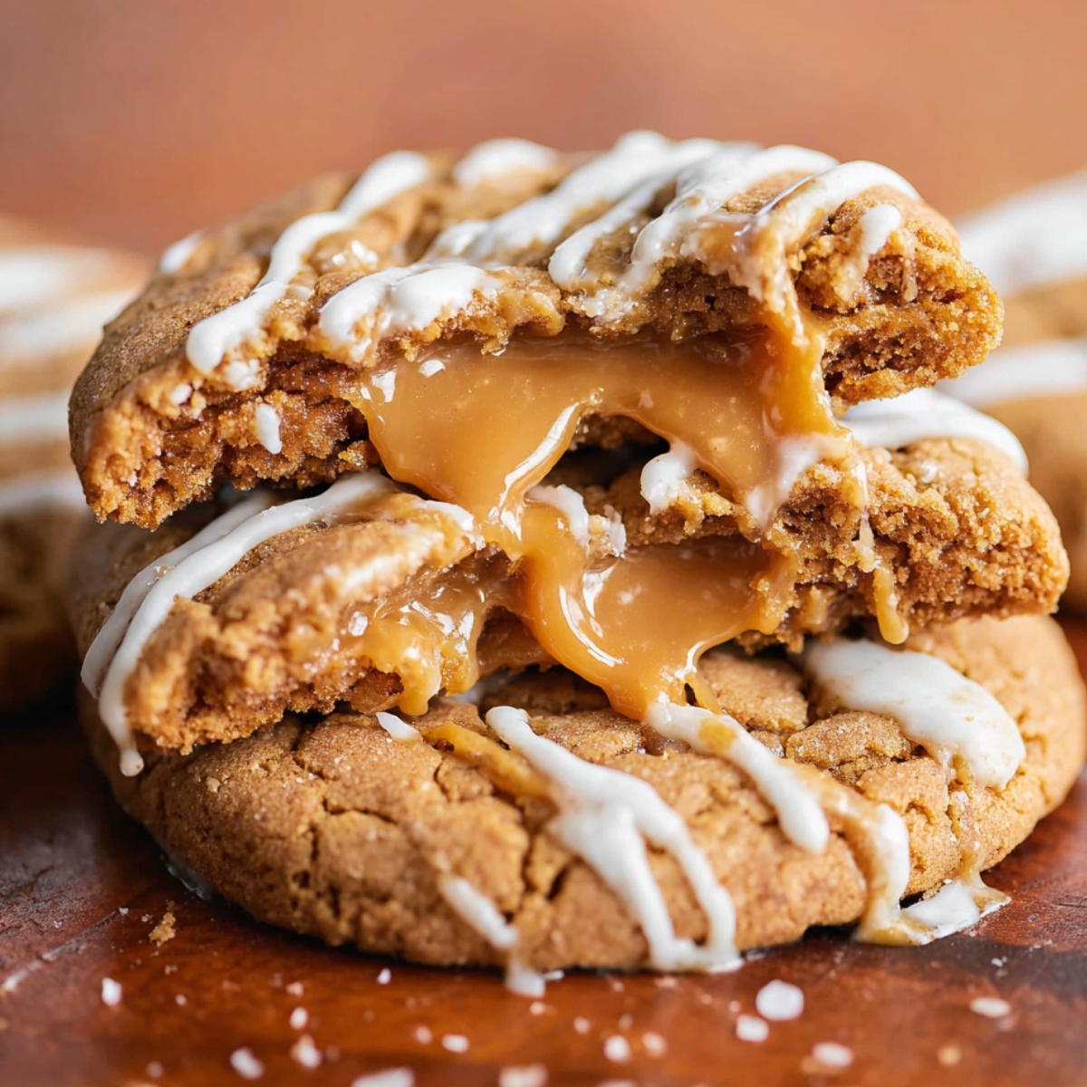 Biscoff Lava Cookies broken in half, revealing caramel filling.