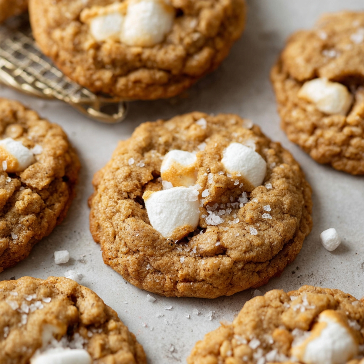 Freshly baked Brown Butter Marshmallow Crispy Cookies, golden brown with visible marshmallow chunks, some cookies slightly cracked, sprinkled with a touch of sea salt.