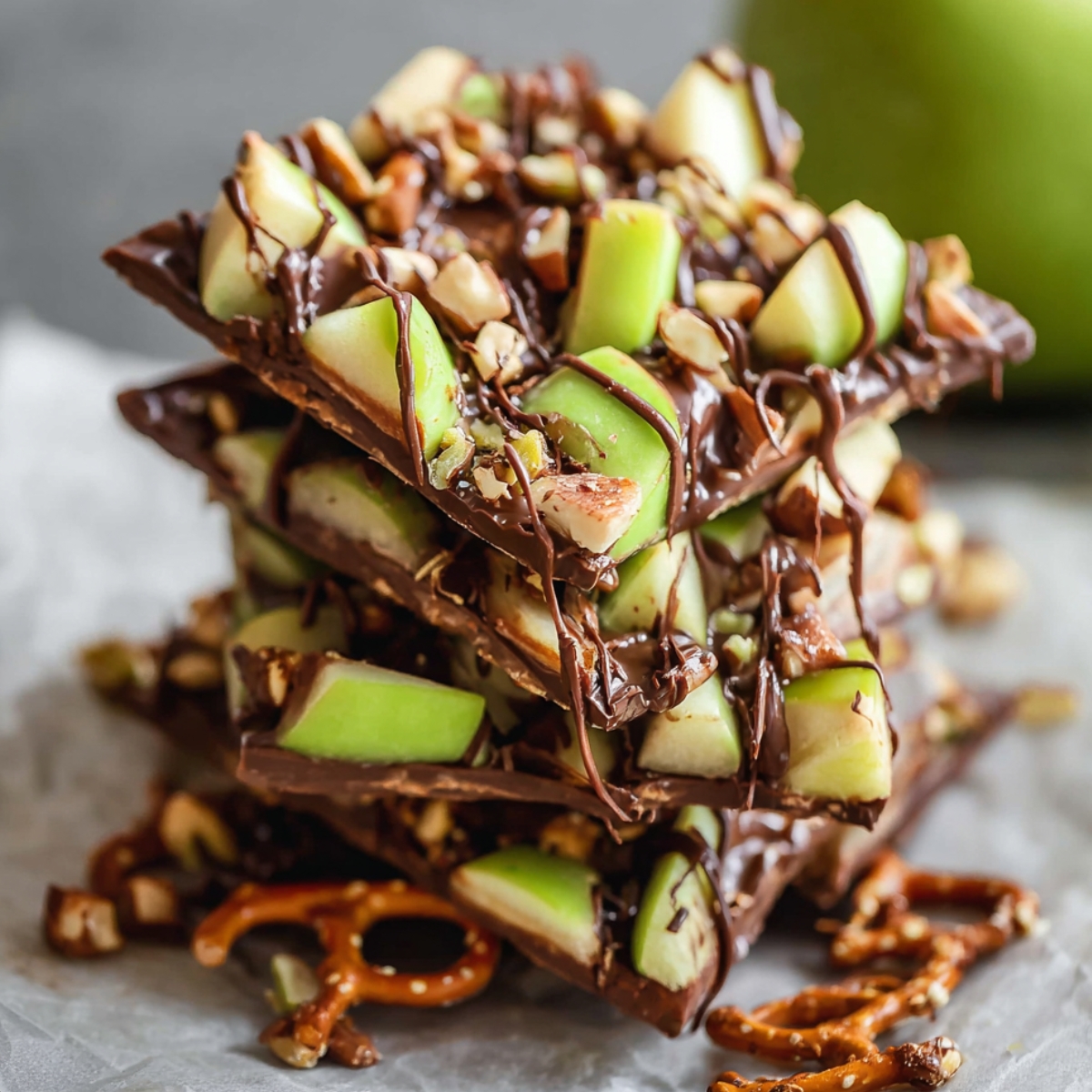 A close-up image of homemade Caramel Apple Bark With Pretzels topped with pretzels, chopped nuts, and green apple pieces. The bark is drizzled with extra chocolate, making for a visually appealing and sweet treat stacked neatly on parchment paper.