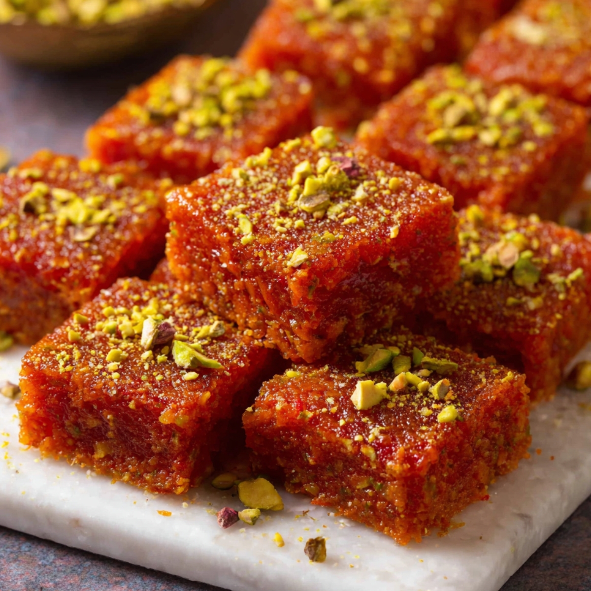 Carrot Burfi pieces garnished with crushed pistachios, served on a white plate.