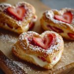 Freshly baked Cheese Heart Danishes filled with cream cheese and topped with fresh strawberries, dusted with powdered sugar.