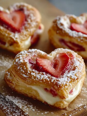 Easy Cheese Heart Danishes Recipe 1 Freshly baked Cheese Heart Danishes filled with cream cheese and topped with fresh strawberries, dusted with powdered sugar.