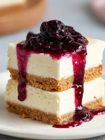Easy Cheesecake Bars Recipe 3 Cheesecake Bars stacked with a luscious layer of berry compote dripping over the edges, creating a visually appealing dessert.