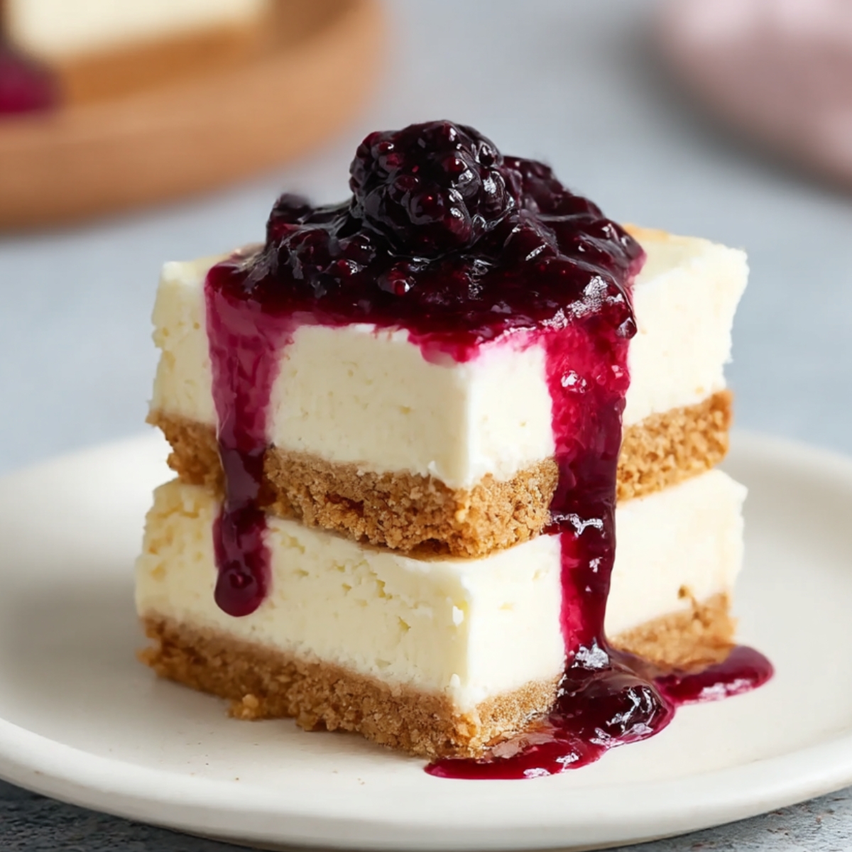 Cheesecake Bars stacked with a luscious layer of berry compote dripping over the edges, creating a visually appealing dessert.