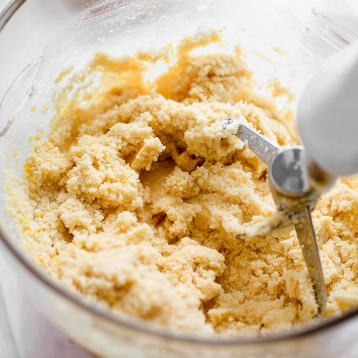 Easy Lemon Crinkle Cookies Recipe 10 Lemon cookie dough being mixed in a glass bowl with a stand mixer, showing a crumbly texture with hints of lemon zest throughout.