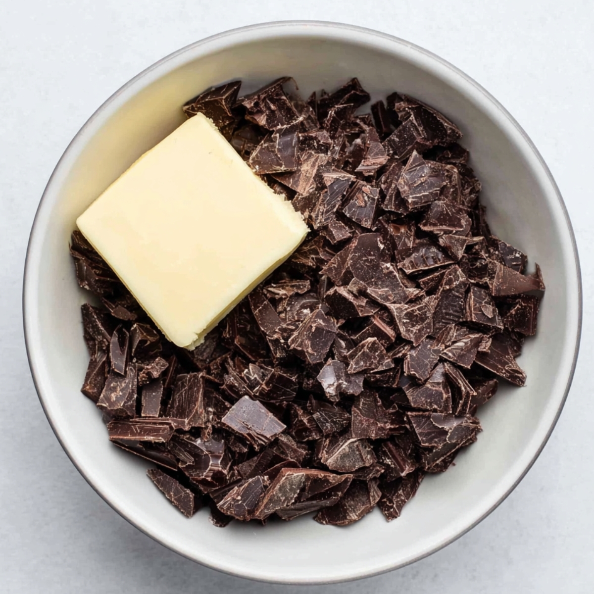 The Best Chocolate Tartlets Recipe 11 A bowl containing chopped dark chocolate pieces with a small block of butter on top, ready to be melted together.