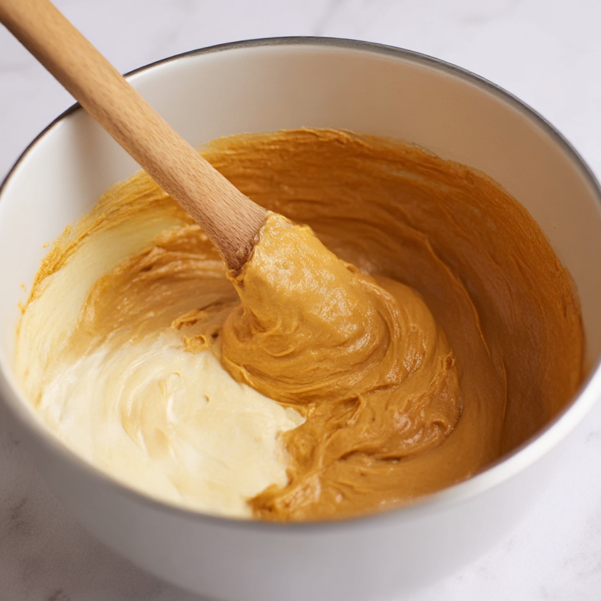 Pumpkin Spice Fudge Recipe 11 Creamy pumpkin and fudge base being mixed together, creating a smooth, velvety texture for the pumpkin fudge.
