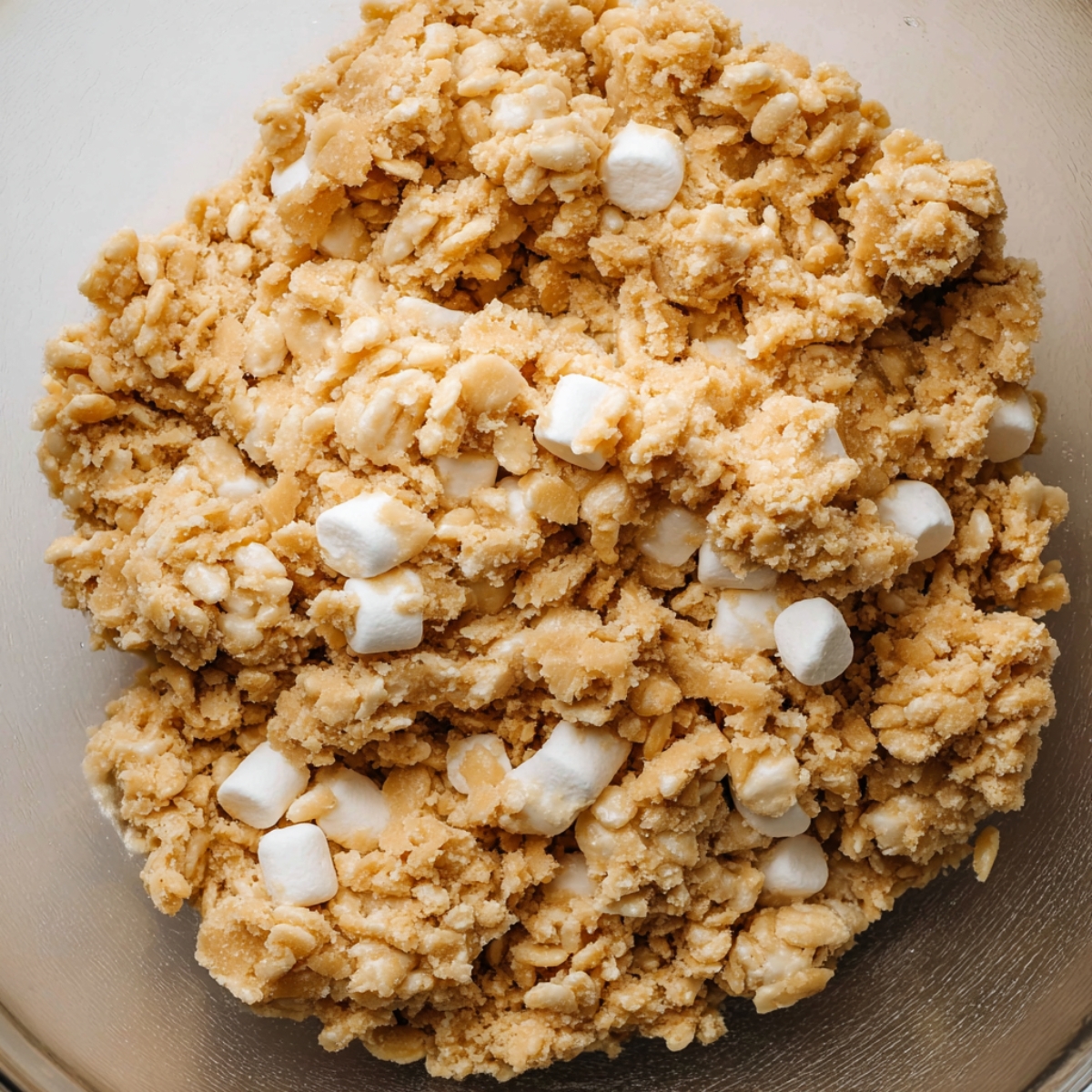 Brown Butter Marshmallow Crispy Cookies 11 Ingredients in a large mixing bowl, with wet and dry ingredients being combined to form cookie dough, showcasing the mixture's crumbly texture and visible marshmallow chunks.