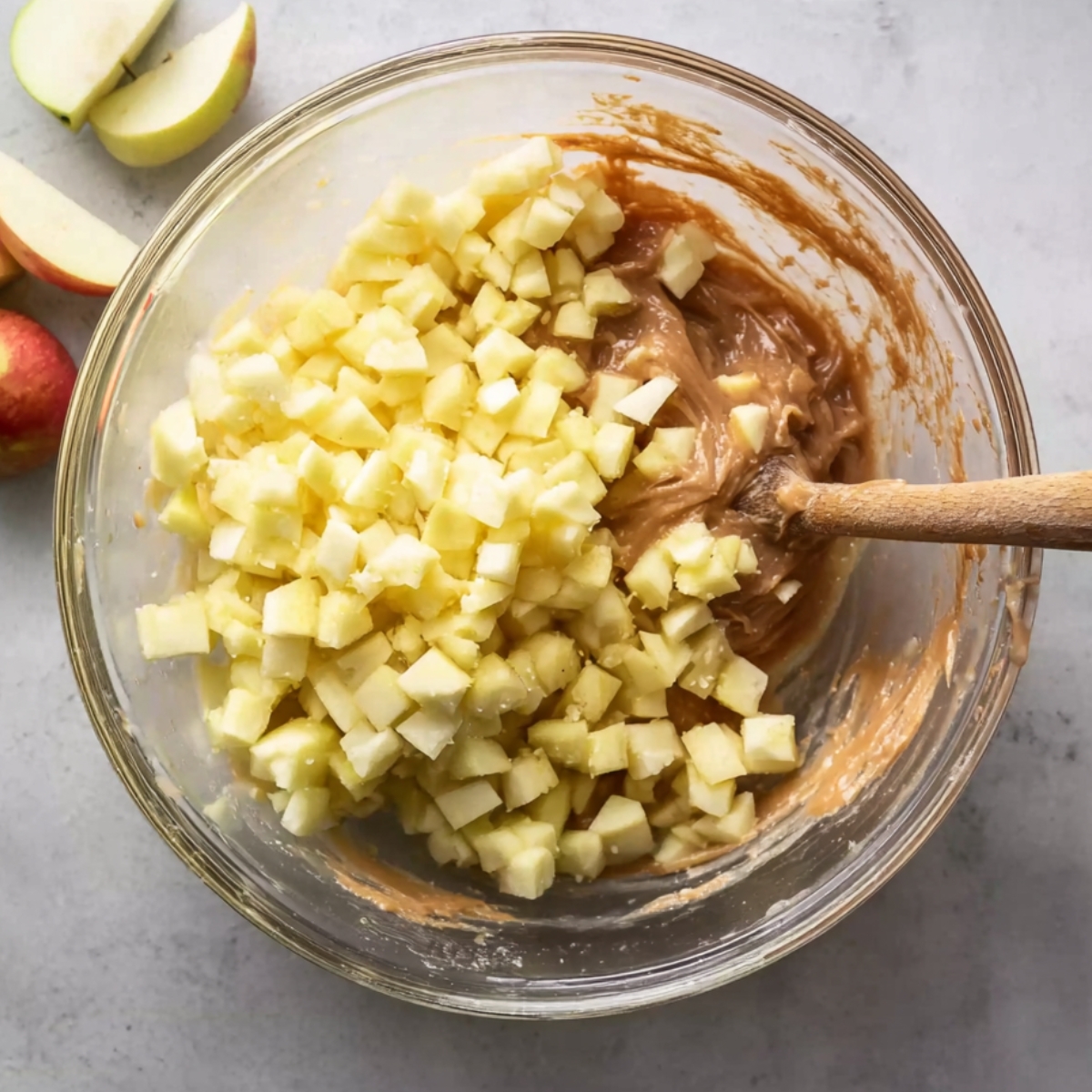Easy Apple Spice Cupcakes Recipe 10 Diced apples being mixed into the cupcake batter, creating a fresh, fruity addition to the apple spice flavor.